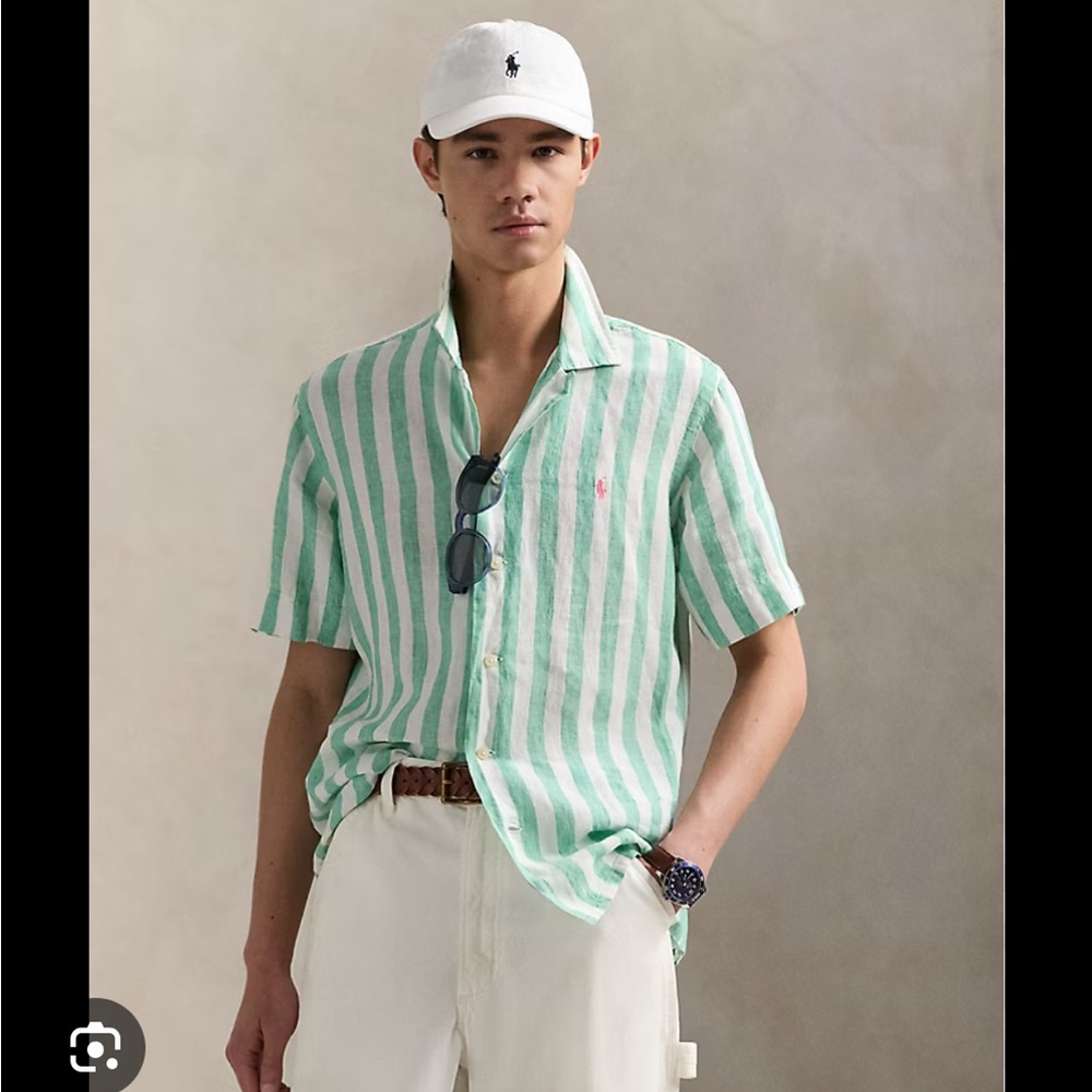 NWT Ralph Lauren Men’s Medium - Linen GREEN / White striped button up
